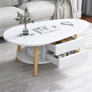 YXDFG Ovaler Couchtisch Aus Holz,2-Schicht-Mode-Couchtische,Mit Offenem Regal Zur Aufbewahrung Und Präsentation Und 2 Schubladen,Für Wohnzimmer Modernes Design Wohnmöbel,White b,90×50×42cm