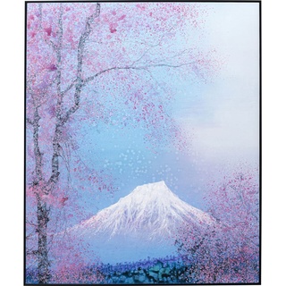 Kare Design Bild mit Rahmen Fuji Blau/Rosa, Massivholz Rahmen, handgemalte Details, Baumwollleinwand, Japan Flair, Kirschblüten, Wandbild, 120x100x5cm
