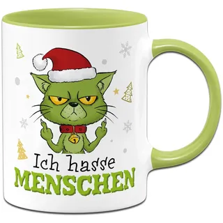 Tasse Grinch Katze - Ich hasse Menschen - Weihnachtstasse lustig, Kaffeetasse mit Spruch Geschenk für Anti Weihnachtsmuffel an Weihnachten, Kollegin (Grün)