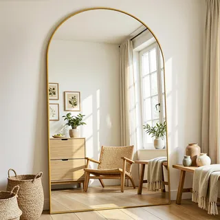 Antok 183x112cm Großer Ganzkörperspiegel, Gewölbter Standspiegel, Bruchsicheres Glas, Bodenspiegel für Wohnzimmer, Ankleide, Lehnende, Wandmontage, Sichere Verpackung, Gold
