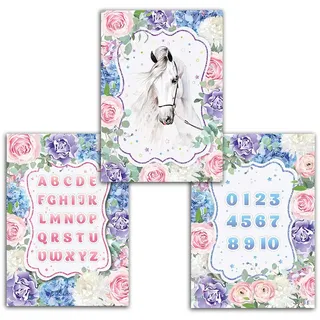 Junaversum Poster Plakat für Kinderzimmer Pferd Zahlen Buchstaben ABC Mädchen für Babyzimmer Wandbilder A4 Tiere Lernposter Wandposter (3-er Set)