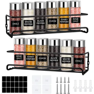 Anuvice 2er Set Gewürzregal Wand, Gewürzregal Ohne Bohren, Spice Rack mit Selbstklebende Haken und Schrauben, Küchen Organizer Gewürze für Speisekammertür, Küchenschrank (Schwarz)