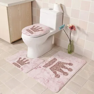 EZEZWSNBB Badematten Set 3 Teilig Rosa Krone Badvorleger WC Vorleger ohne Ausschnitt rutschfest für -WC Vorleger Badezimmer Waschbar Dusch Matte Teppich 50x80 cm
