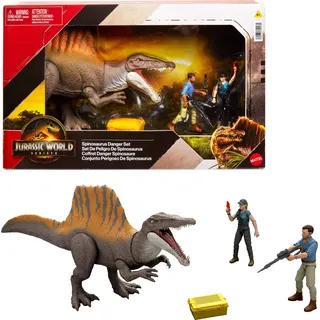 Mattel Jurassic World Rebirth Storypack mit exklusivem Spinosaurus, 1 männlich und 1 weiblich, menschliche Figuren und Zubehör, Gefahrenspiel von Spinosaurus