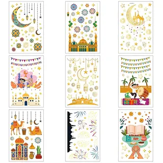 CATZUM 9 Blätter Ramadan Deko Fensteraufkleber, Eid Mubarak Sticker, Ramadan Kareem Fensterbilder, Halbmond & Sterne, Al-Fitr Selbstklebende Fensterdekoration für Islam Muslim Feier