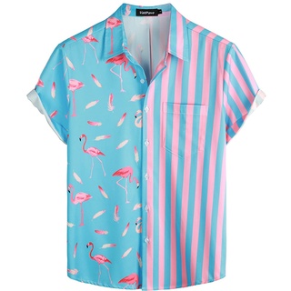 VATPAVE Herren Flamingo Hawaii Hemd Männer Freizeit Kurzarmhemd Sommer Strandhemd Blumen Hemden Klein Blau Flamingo
