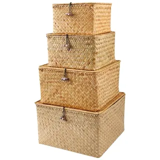 Set aus 4 Rattan Aufbewahrungskörben - Handgewebte Seegras Körbe mit Deckel - Naturbelassen