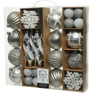 Decoris 50er Set bruchfeste Weihnachtskugeln weiß/Silber aus Kunststoff für innen und außen