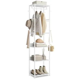 VASAGLE Garderobenständer Kleiderständer, Garderobe, für Kleidung, Taschen, Hüte, 30,5x47x180 cm, mit Kleiderstange und Haken, mit Ablagen, Stahlrahmen, wolkenweiß weiß