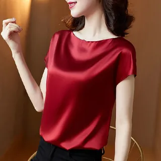 CBZOJBKPZDY Modisches Damen T-Shirt Aus Seide – Sommer Damen Vintage Rundhals Rot Satin Top Elegant Club Party Kurzarm Lose Büro Damen Shirt