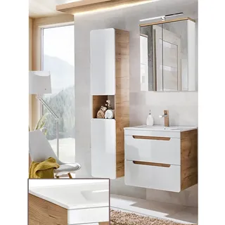 Lomadox Badmöbel Set, Hochglanz weiß mit Wotan Eiche Nb., 61 cm Waschtischunterschrank & Keramik-Waschtisch & LED-Spiegelschrank