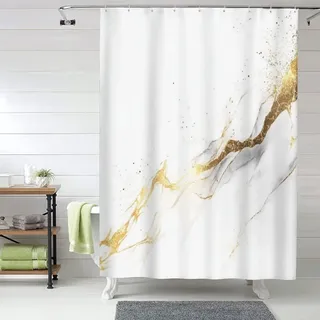 Duschvorhang Gold Duschvorhang 160 x 180 cm Weiß mit Gewicht Saum und 12 Haken, Wasserdicht, Schnelltrocknend, Maschinen Waschbar Polyester Stoff Shower Curtains für Badezimmer, Badewanne 1Y-35