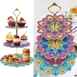 3 Stufig DIY Diamant-Malerei Cupcake Stand, Essen Tablett, Diamond Painting Serviertablett, Diamant Malerei Anzeigeturm Tablett, Cupcake Ständer für Geburtstag, Hochzeit (Mandala-B)