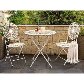 Garten Bistro Set Weiß Eisen zusammenklappbar 2 Stühle und Tisch Außenbereich gealtert Effekt UV-Rostbeständigkeit französischer Retro-Stil