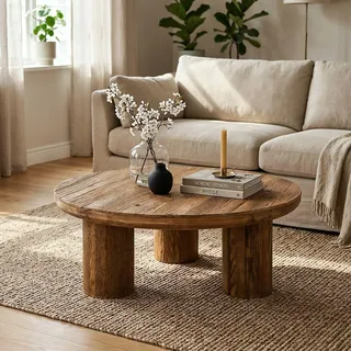 IDIMEX Couchtisch Sakata rund 90 cm aus recyceltem Massivholz, Natur – Beistelltisch aus Kiefernholz, Vintage Wohnzimmertisch mit 3 Säulenfüßen, rustikaler Sofatisch aus Altholz