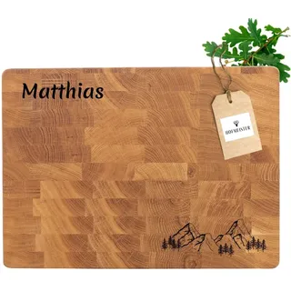 HOFMEISTER® Hackblock Eiche mit Gravur – personalisiertes Schneidebrett Stirnholz, Butcherblock mit Name und Motiv, Handarbeit (1 Stück)