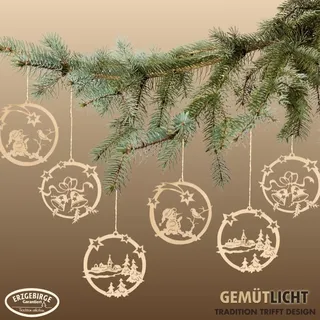 WEIGLA - Baumbehang aus Holz original Erzgebirge I Christbaumschmuck I 6-teiliges Baumbehangset Weihnachtskugeln I schöne Bastel- und Geschenkidee für Groß und Klein I Geschenkanhänger