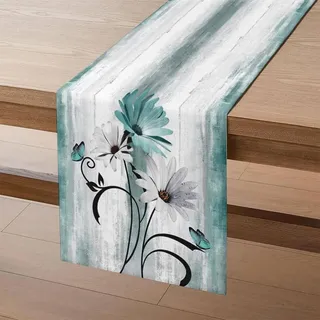 Tischläufer Blumen Türkisblau Blaugrün 40x180 cm Polyester Weiße Gänseblümchen Schwarze Blätter Schmetterling Sommer Dekoration