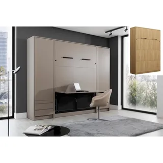 QMM Schrankbett Wandklappbett vertikal GN 120x200 mit Schreibtisch, LED und 2 Schränken weiß, Eiche, Congo Schlafzimmer Set (Eiche geölt)