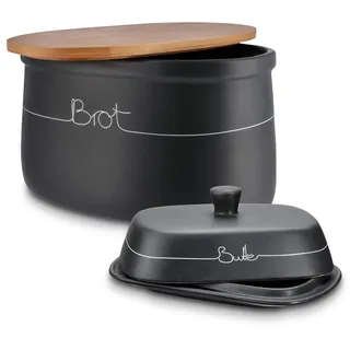 KHG Brotkasten Butterdose Set 2-teilig, Keramik Steingut poliert, Anthrazit Grau, Holz Deckel Bambus Schneidebrett, Kapazität 9 Liter & 200g Butterklotz, BPA-frei, Lüftungslöcher, beschriftet