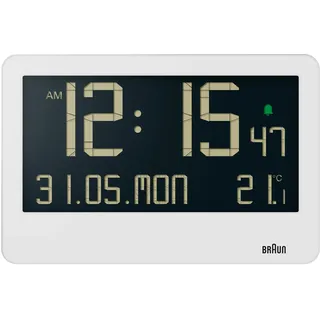 Braun Digitale Wanduhr mit Innentemperatur, Datum, Wochentag, großem umgekehrtem LCD-Display, Schnelleinstellung, Piepton-Alarm in Weiß, Modell BC14W.