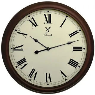 Holzwerk Wanduhr LEBACH Retro Vintage XXL Holz Quarzwanduhr (60 cm Ø, Nahezu lautloses Uhrwerk, römische Ziffern) braun