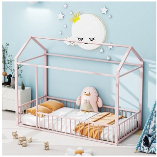 SOFTWEARY Kinderbett mit Rausfallschutz, Metallbett (90x200 cm), Hausbett, Einzelbett, Jugendbett rosa 94 cm x 200 cm x 170 cm