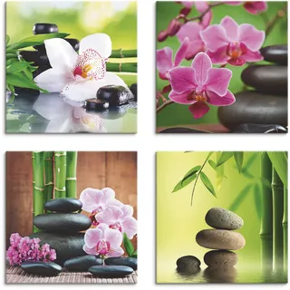 Leinwandbild ARTLAND "Spa Bambus Zweige Zen Steine", grün (farbe bild(er): grün), B:30cm H:30cm, Leinwand, MDF, Bilder, Leinwandbild, 4er Set, verschiedene Größen
