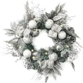 Valery Madelyn 52cm Weihnachtskranz Türkranz Groß, haustür weihnachtskranz Weiß Silber,Adventskranz mit 15 Led Timer und Weihnachtskugeln Schleife