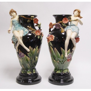 Casa Padrino Barock Porzellan Vasen Set mit Blumenmädchen - H 43 cm (2 Stück) - Luxus Keramik Vasen