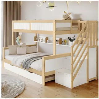 Flieks Etagenbett, Kinderbett 90x200cm+120x200cm mit Ausziehbett 90x190cm Stauraumtreppe beige