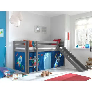 Vipack Hochbett Pino, Spielbett massiv Kiefer, stabil gebaut, 3 Korpusfarben zur Wahl (inkl. Rolllattenrost, Leiter und Absturzschutz, mit oder ohne Rutsche) Textil-Set "Astronaut", inkl. Vorhang, mit oder ohne Tunnel grau 218 cm x 210 cm x 114 cm