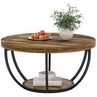 Tribesigns Couchtisch Runde Kaffeetisch Beistelltisch, Industrial 2-Tier-Kreis Couchtisch braun