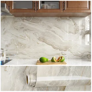 VEELIKE Möbelfolie Marmor Beige 81 cm × 900 cm Marmor Folie Arbeitsplatte Küche Klebefolie Marmoroptik Gold Abwaschbare Tapete Badezimmer Wasserfest Selbstklebende Folie Küchenrückwand Küchentapete
