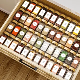 DIFULI 48 Gewürzgläser Eckig Set mit Deckel, 120ml Gewürzdosen mit 340 Etiketten, Gewürzstreuer Spice Jars Gewürzbehälter mit Trichter mit Streueinsatz,Leeren Aufklebern, Sieben (48 bambus)