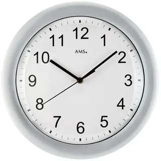 AMS Funkuhr Funk Wanduhr Silber Weiß Rund Große Zahlen Küchenuhr Küche Esszimmer