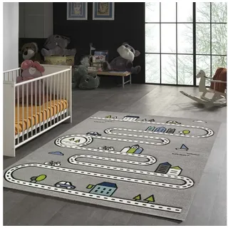 TeppichHome24 Kinderteppich Kinderteppich mit Straßen und Häusern in Grau, rechteckig, Höhe: 1.3 mm grau|grün|lila rechteckig | 80 cm x 150 cm x 1.3 mm