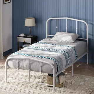 Zinus Heidi Bett 90x200 cm - Höhe 31cm mit Stauraum unter dem Bett - Metall Plattform Bettgestell mit Kopfteil und Fußteil - Weiß