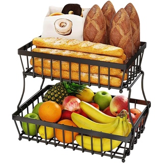 Obstkorb mit 2 Ebenen, für Küche, Theke, Obst, Gemüse, Snacks, Aufbewahrung, Halter, Ständer, Organizer, abnehmbarer Metalldraht, Brottablett