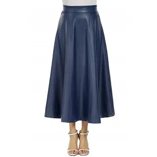 Crepundia Damen Kunstlederrock, Frauen Kunstleder Rock Hohe Taille Reißverschluss Plissee A-Linie Große Swing Flare Langer Rock Winter Vintage Latex Rock Clubwear(Blue,XXL)