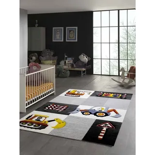 TeppichHome24 Kinderteppich Kinderzimmer Teppich Baustelle Schwarz Grau Creme, rechteckig, Höhe: 13 mm gelb|grau|schwarz|weiß rechteckig | 200 cm x 290 cm x 13 mm