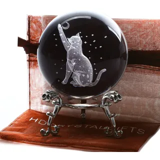 ZEERSHEE 3D-Glaskugel mit Lasergravur, Katzenkugel mit Ständer, Kristall-Katzenfigur mit Mondstern, 60 mm, Briefbeschwerer, Katzengeschenke für Liebhaber