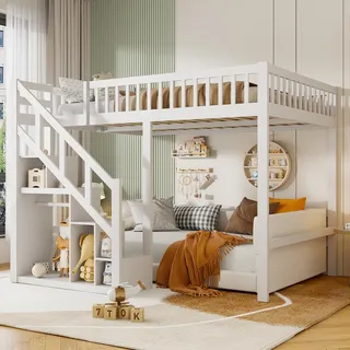 Etagenbett 90x200 cm für Kinder, Kinderbett Hochbett 90x200 mit Treppe & Aufbewahrungsschrank, Funktionsbett Jugendhochbett Stockbett Kinderhochbett mit Lattenrost,Massivholz,Ohne Matratze