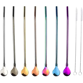 Trinkhalm Löffel,7 Stück Metall Stroh Löffel Wiederverwendbarer Edelstahl Mehrfarbige Stroh Löffel für Kaffee,Milch,Saft,Cocktail mit 2 Reinigungsbürste