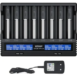 XTAR VC8 Plus Prozessor Ladegerät für 8 x Li-Ion und NiMH Akkus Universal Akku18650 Ladegerät 8 Slot LCD-Bildschirm mit EU Adapter