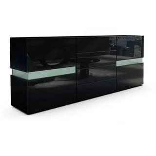 Vladon Sideboard Flow (Kommode mit Ambient Light Verglasung, mit 2 Türen, je 2 Fächer dahinter und 4 Schubladen), Schwarz matt/Schwarz Hochglanz (177 x 75 x 39 cm) schwarz