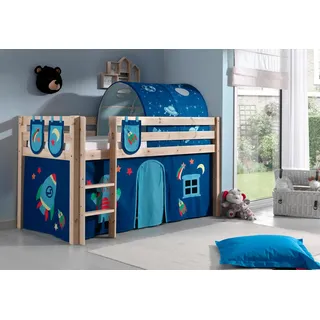 Hochbett VIPACK "Pino, Spielbett massiv Kiefer, stabil gebaut, 3 Korpusfarben zur Wahl", beige (natur geölt, astronaut), B:106cm H:214cm L:210cm, Hochbetten, Hochbett, Textil-Set "Astronaut", inkl. Vorhang, mit oder ohne Tunnel