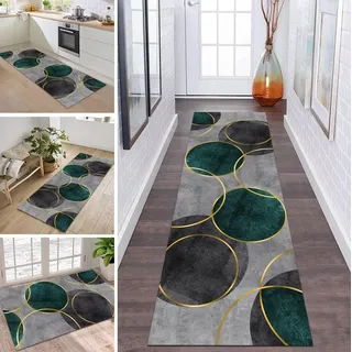 Teppich Läufer Lang Flur Küche rutschfest Waschbar Küchenläufer 70X350CM Grün Gold Grau Teppichmatten Polyester Korridor Teppichläufer Flur Wohnzimmer Schlafzimmer Schmutzfangmatte Küchenteppich