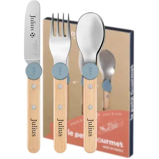 Opinel Le Petit Gourmet Kinderbesteckset mit Gravur– 4-teiliges Edelstahl Kinderbesteck Lernbesteck für Kinder – personalisierbares Besteck Set Geschenk für Kinder Geburtstag Einschulung (Regenblau)