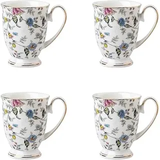 MIATTCLD Kaffeetassen 4er Set, Blumenmuster Kaffeebecher, Große Knochen China Teetassen, 300 ml Trinkbecher mit Griff für Cappuccino Kaffee Tee Milch Büro Geschenk Becher (C)